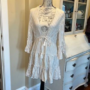 Blue Island Beige and White Striped Swim Coverup